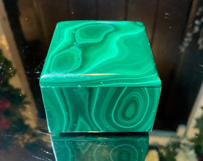 Malachite Jewelry Box with Lid ~ 2" Long ~ Handmade from Congo ~ Vintage Display Specimen ~ Swirling Green & Black Bullseye Pattern