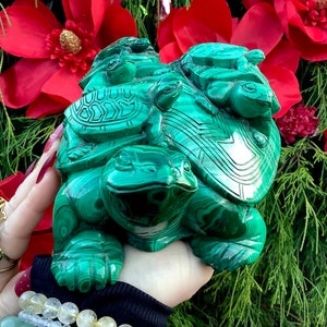 Vintage African Malachite Turtle with 5 Babies ~ Large 10 lb. 7 oz. ~ 8&quot; Long ~ Totem Animal ~ Hand Carved with Great Detail ~ Congo, Africa