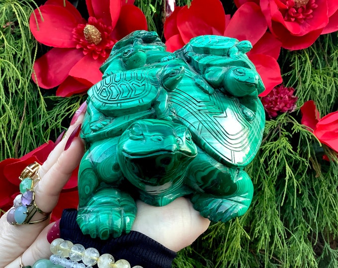 Vintage African Malachite Turtle with 5 Babies ~ Large 10 lb. 7 oz. ~ 8" Long ~ Totem Animal ~ Hand Carved with Great Detail ~ Congo, Africa