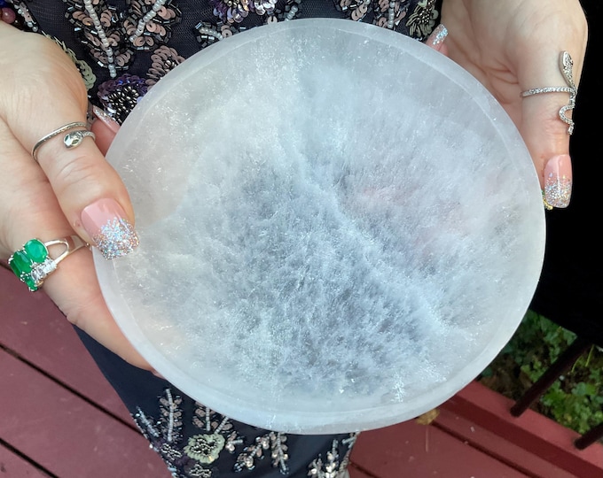 Selenite Crystal Jewelry Dish ~ Large 1 Lb. 6 oz. - 6" Round ~ Beautiful Polished Transparent White Mineral ~ Swirling Pearlescent Patterns