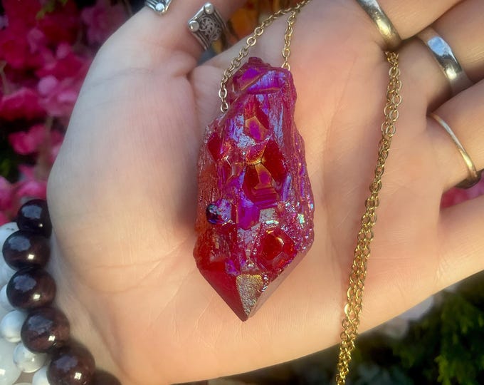 Red Aura Quartz Crystal Pendant Necklace ~ Large 2" Long ~ One-of-a-Kind Natural Crystal ~ Sparkling Rainbow Elestial Quartz ~ Fast Shipping