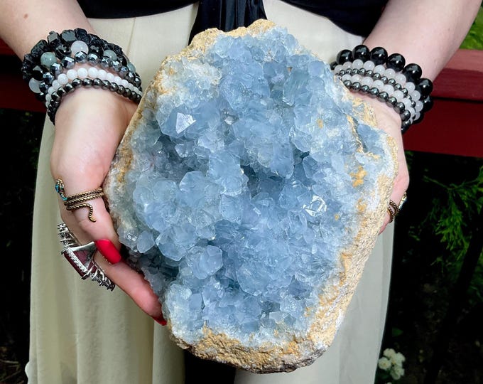 Blue Celestite Crystal Cluster ~ Large 13 lb. 15 oz. ~ 9" Long ~ Metaphysical Home Decor ~ Throat Chakra Reiki Altar Display ~ Metaphysical