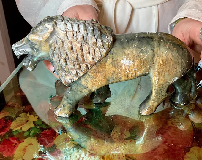 Serpentine African Lion 2 Lb. 3 oz. ~ 8" Long ~ Vintage Hand Carved Zimbabwean Sculpture ~ Swirling Natural Earth Colors ~ Shona Stone