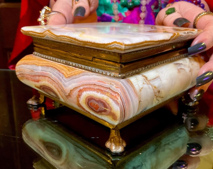 Afghan Jade Jewelry Box with Hinged Lid ~4 1/2" Long ~ Vintage Hand Carved Display Charging Box ~ Swirling Green, White & Golden Pattern