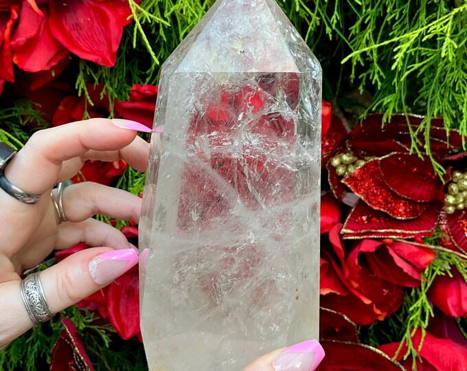 Ultra Clear Quartz Crystal Generator ~ Large 2 Lb. 10 oz. ~ 6 1/2" Tall ~ Rainbow & Silver Inclusions ~ Home Decor, Sanctuary, Sacred Space