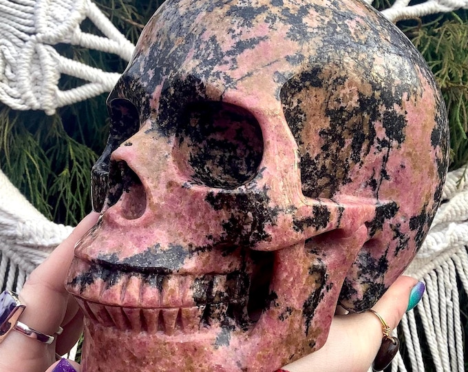 Rhodonite Crystal Skull ~ 9 Lb. 9 oz. ~ 7" Long ~ Expertly Hand Carved Life Size Sculpture ~ Sparkling Pink & Black Colors
