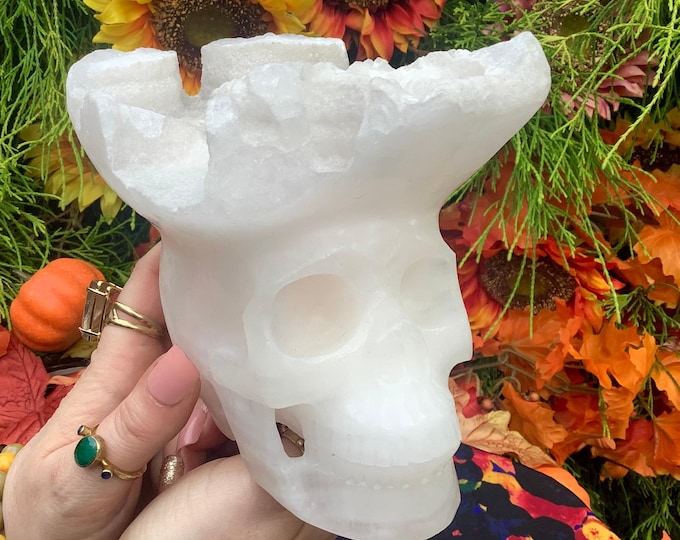 Pink Mangano Calcite Crystal Skull ~ Large 4 Lb ~ 5" Tall ~ Hand Carved with Druze Points on the Head ~ White Inclusions ~ Free Shipping