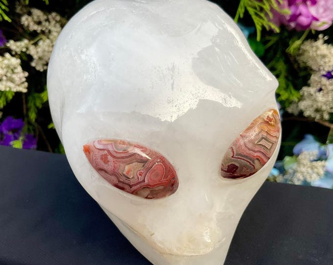 Snow Quartz Crystal Alien Skull ~ Large 2 Lb. 11 oz ~ 4" Long ~ w/ Rhodochrosite Eyes ~ Sparkling Opaque White Colors Hand Carved Sculpture