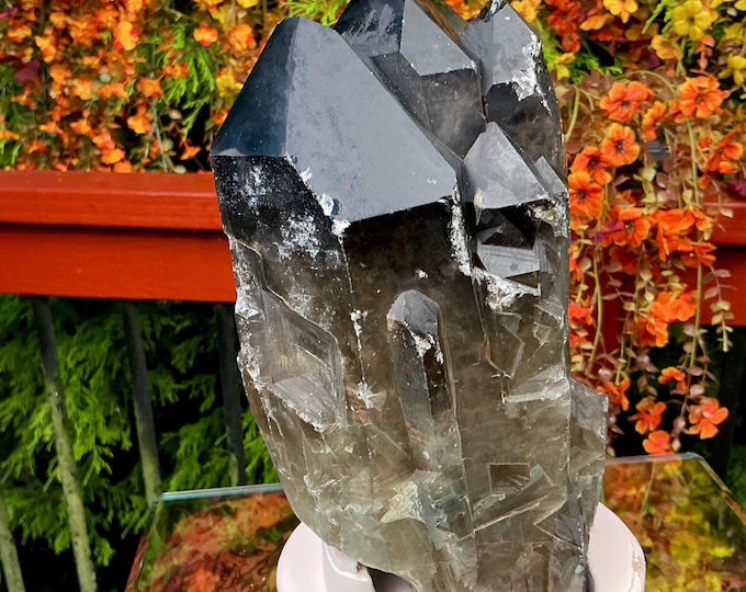 Black Morion Quartz Display Crystal 9 Lb. 14 oz.  Single-Terminated Point Cluster ~ 9" Tall ~Natural Black Color ~ Custom Hand Carved Stand