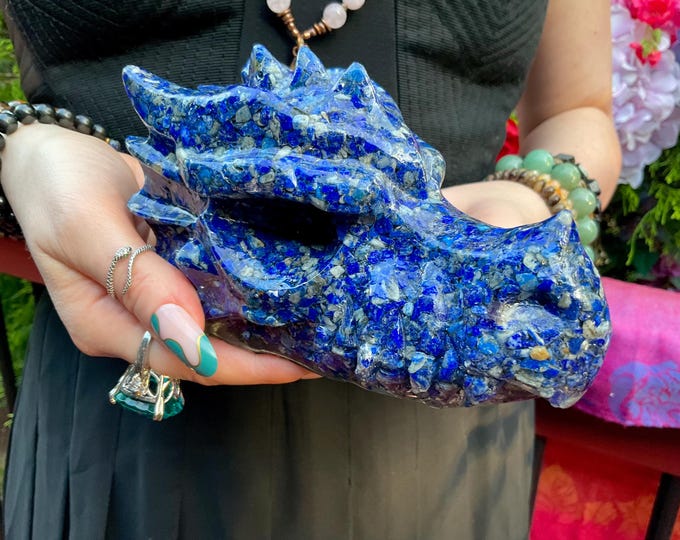 Blue Lapis Lazuli Orgone Crystal Dragon Skull ~ Large 2 Lb. 2 oz.  ~ 6" Long ~ Stunning Indigo Blue and Gold Colors ~ Fast & Free Shipping ~