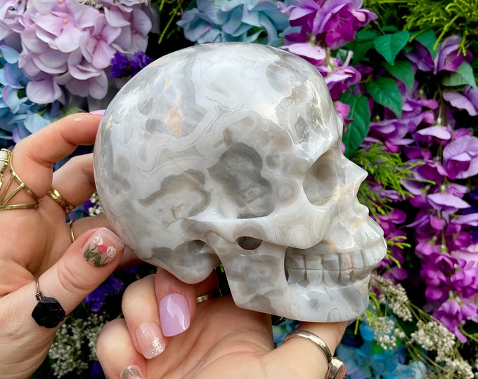 White Agate Crystal Skull ~ 2 Lb. 13 oz. ~ 5" Long Swirling Blue & White Colors ~ Expertly Hand-Carved Display Sculpture