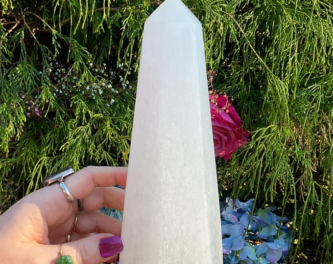 Selenite Crystal Generator Large 2 Lb. 3 oz. Transparent Tower - 8" Tall - Clear Shiny Iridescent Mineral Specimen - Altar, Reiki Display