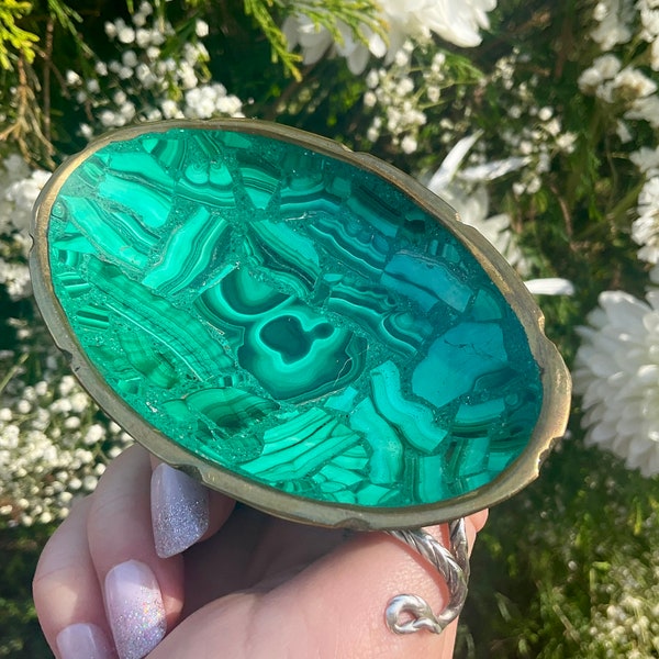 Malachite Vintage Polished Stone Dish 3 oz. Bowl - 4" Long Oval with Brass Trim ~ Hand Made from Congo ~ Green Swirling Bullseye Colors