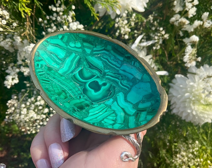 Vintage Malachite Polished Bowl ~ 3 oz. ~ 4" Long ~ Oval with Brass Trim ~ Hand Made from Congo ~ Green Swirling Bullseye Patterns ~