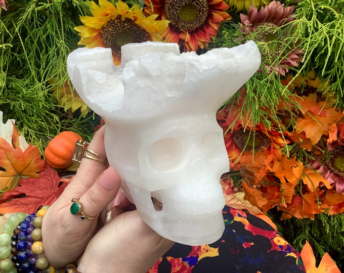 Pink Mangano Calcite Crystal Skull ~ Large 4 Lb ~ 5" Tall ~ Hand Carved with Druze Points on the Head ~ White Inclusions ~ Free Shipping