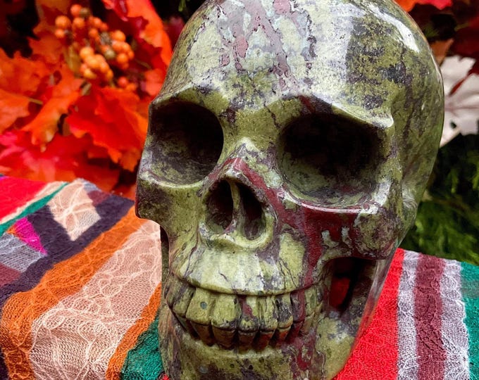 Dragon Bloodstone Crystal Skull ~ 3 Lb. 6 oz. ~ 5" Long ~ Stunning Red and Green Colors ~ Beautiful Display ~ Fast & Free Shipping, U.S.A. ~