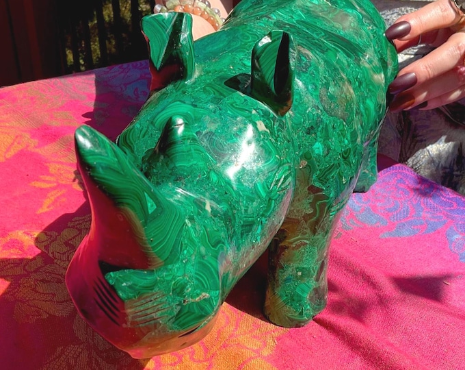 Malachite Rhinoceros Large 13 Lb. 12 oz. ~ 15" Long ~ Vintage Hand Carved & Polished in Congo ~ Animal Totem, Altar, Reiki Display