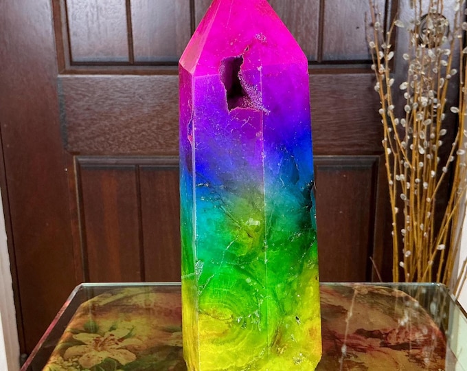 Rainbow Aura Fluorite Crystal Generator ~ Large 6 Lb. 6 oz. ~ 10" Tall Tower ~ Swirling Purple Green & Yellow Colors ~ Fast Free Shipping