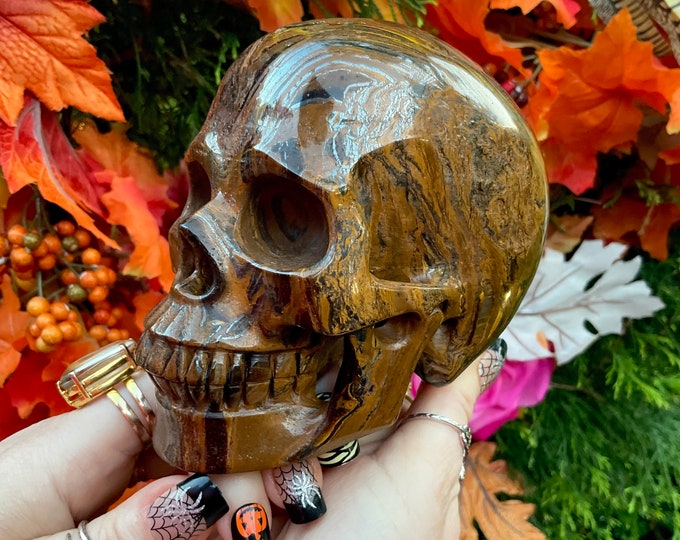 Large Tiger's Eye Skull: Hand-Carved Crystal Sculpture, 3 Lb