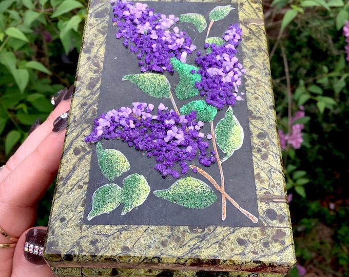 Serpentine Jewelry Box with Mosaic Stone Hinged Lid ~ 5" Long ~ Hand Made Vintage Display ~ Colorful Green & Purple Lilac