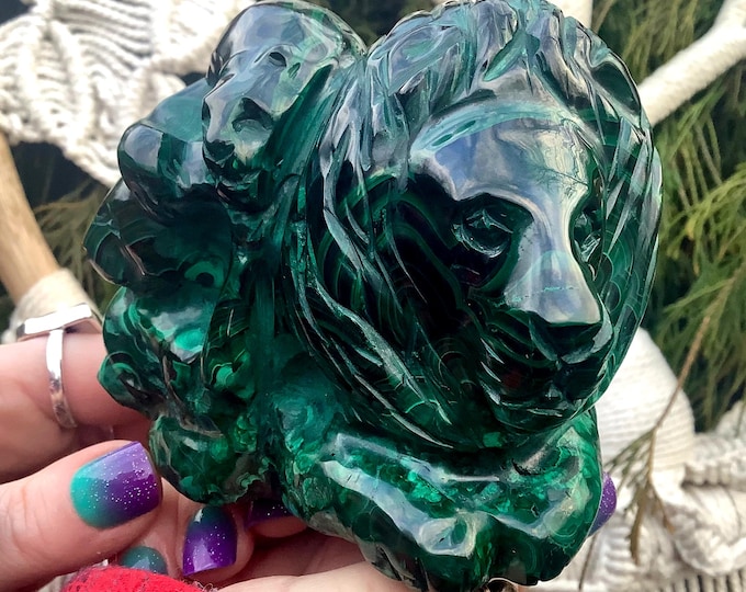 Malachite Lion Family Crystal ~ Two Lions with Baby ~ 3 lb. 15 oz. ~ 5" Long ~ Vintage Hand Carved with Great Detail from Congo, Africa ~
