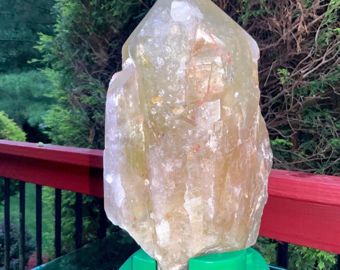 Clear Citrine Quartz Crystal Point ~ 9 Lb.  2 oz. ~ 10" Tall~ Sparkling Yellow with Golden Rainbow Inclusions ~ Custom Hand Carved Stand