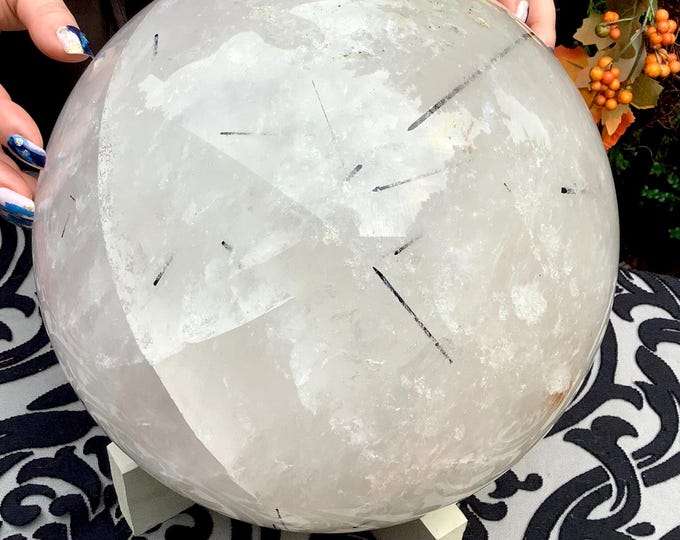 Huge Tourmaline in Quartz Crystal Ball ~ Large 50 Lbs. + Custom Wooden Display Stand ~ 10" Wide ~ Natural Home Decor Centerpiece Display
