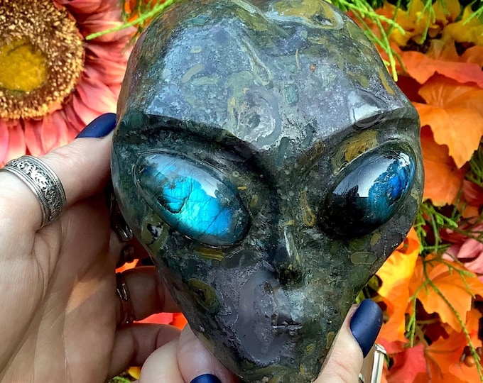 Kambaba Jasper Crystal Alien Skull ~ 2 Lb. 14 oz. ~ 4" Long ~ Sparkling Blue Labradorite Eyes ~ One-of-a-Kind Expertly Hand Carved Sculpture