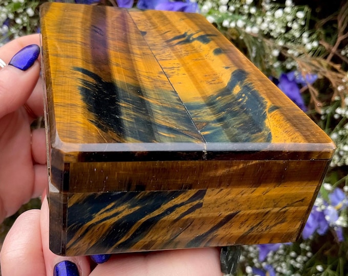 Tigers Eye Jewelry Box with Lid ~ 5" Long ~ 1 Lb. 5 oz ~ Vintage One of a Kind Handmade ~ Sparkling Yellow Blue Red Brown & Black Colors