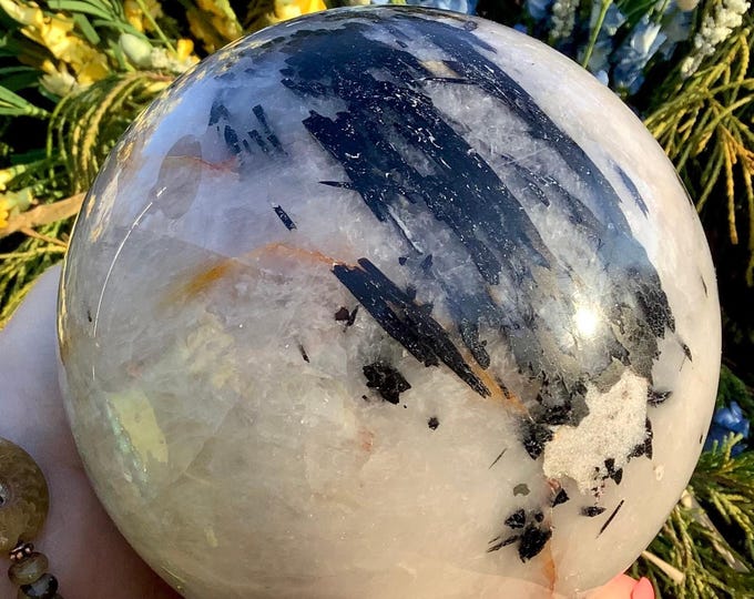 Black Tourmaline Crystal Ball ~ Large 6 lb 11 oz. ~ 5" Wide ~ Polished Quartz Sphere ~ ~ Swirling Thick Tourmalated Hairs ~ Display Specimen