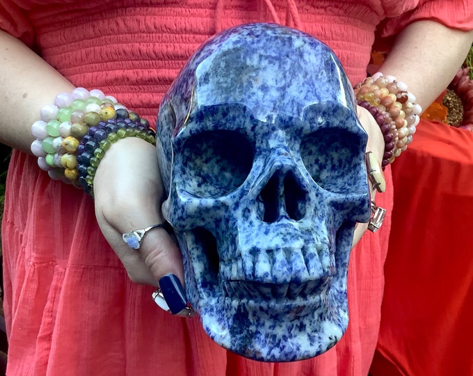 Sodalite Crystal Skull ~ Large 7 Lb. ~ 7" Long ~ One of-a Kind Hand Carved Sculpture ~ Swirling Speckled Blue & White Colors