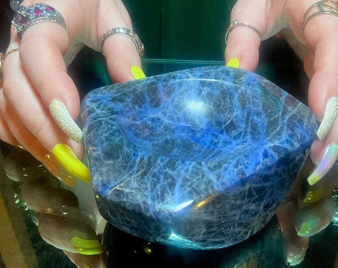 Blue Sodalite Crystal Bowl ~ Large 1 Lb. 5 oz. ~ 4" Long ~ Beautiful Blue, White & Black Polished Mineral Specimen ~ Fast and Free Shipping