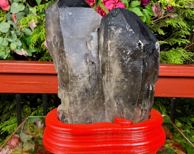 Black Morion Quartz Display Crystal 9 Lb. 5 oz.  Double-Terminated Point Cluster ~ 8" Tall ~Natural Black Color ~ Custom Hand Carved Stand