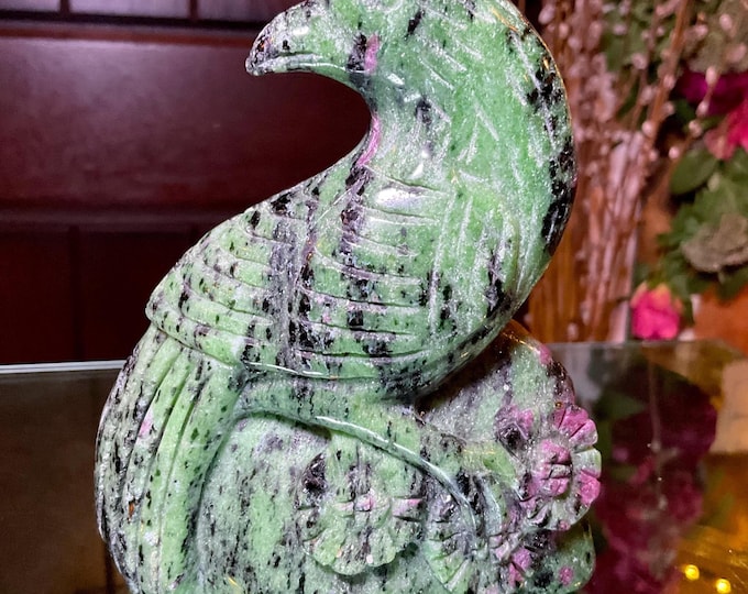 Ruby Zoisite Crystal Bird ~ 1 Lb. 2 oz. Animal Totem ~ 4 1/2" Tall ~ Sparkling Green & Red Colors ~ Expertly Hand-Carved Display Sculpture