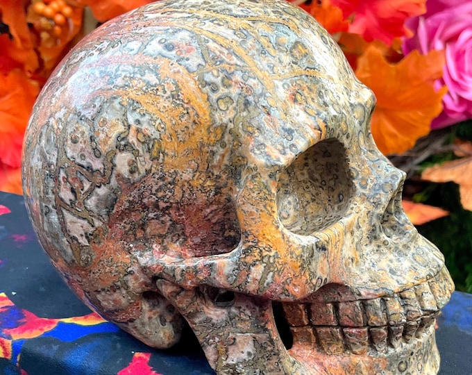 Orbicular Jasper Skull Large 2 Lb. 5 oz. Crystal ~ 5" Long ~ High Quality Hand Carved Sculpture ~ Swirling Gold Black Yellow & Red Colors