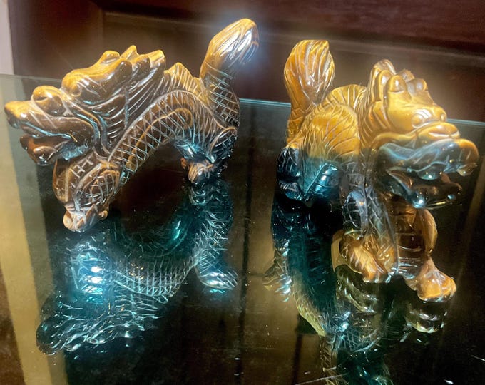 Tigers Eye Crystal Foo Dog Pair~ 4" Long ~ Hand Carved from South Africa ~ Sparkling Gold, Blue & Black Colors ~ Fast and Free Shipping