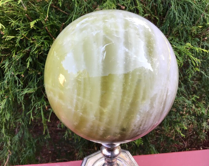 Citrine Crystal Ball ~ Large 11 Lb 5 oz. ~ 6" Wide ~ Golden Yellow Banded Quartz Sphere ~ Swirling White Lines ~ Sparkling Silver Inclusions
