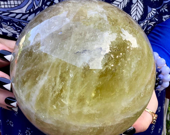 Citrine Crystal Ball ~ Large 9 Lb. 11 oz. Polished Quartz Sphere~ 6" Wide ~ Golden Banded ~ Stunning, Shimmery, Sparkling Rainbow Inclusions