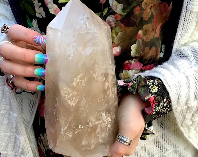 Clear Quartz Crystal Generator ~ 5 Lb. 9 oz. ~ 8" Tall Tower ~ Frosted Phantoms ~ Silver, Rainbow Inclusions ~ Free & Fast Shipping