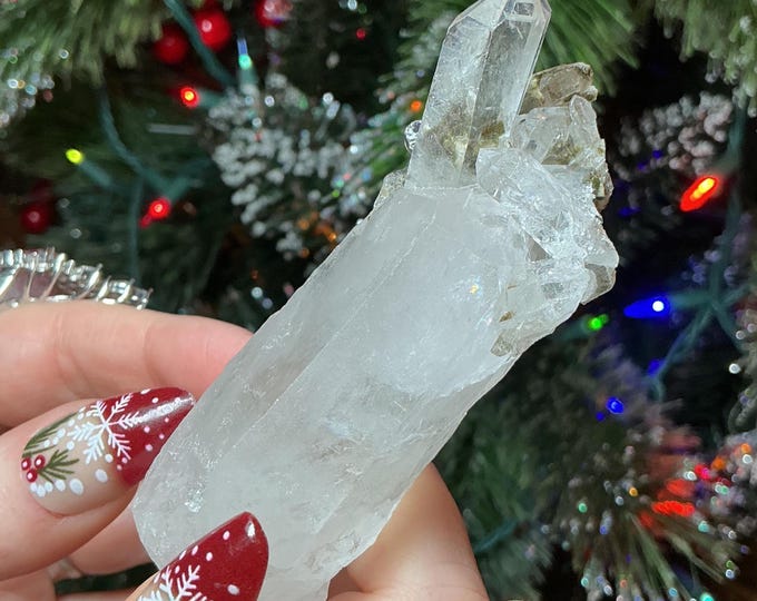 Clear Quartz Crystal Cluster ~ Natural Gem Cut Point ~ 3" Long ~ Big 3.6 oz. ~ Green Chlorite Inclusions, Silver phantoms