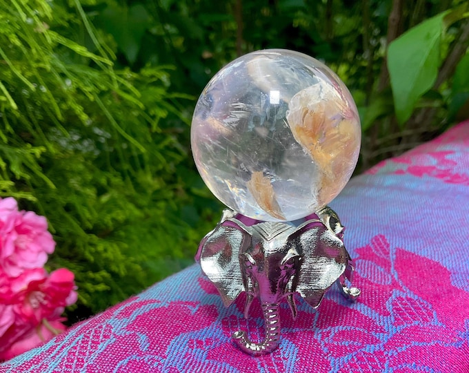 Clear Quartz Crystal Ball ~ 4 oz. Sphere ~ 1 1/2" Wide ~ Sparkling Rainbow Inclusions w Silver Elephant Display Stand ~ Fast & Free Shipping