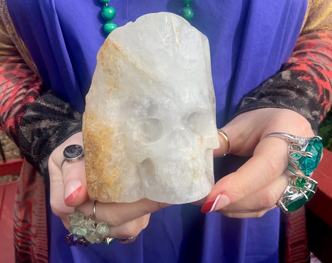 Snow Quartz Crystal Skull ~ Large 1 Lb. 2 oz. ~ 4" Tall ~ Expertly Hand Carved ~ Golden Healer Inclusions ~ Fast & Free Shipping