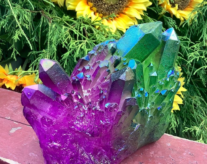 Purple & Green Aura Quartz Elestial Crystal Cluster ~ Large 1 lb. 13 oz. ~ 4" Long ~ Big Rainbow Iridescent Electric Points