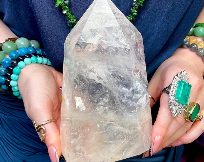 Clear Quartz BRAZILIAN Crystal Generator ~ Large 3 lb. 2 oz. ~ 6" Tall Tower ~ Sparkling Rainbow Inclusions ~ Fast Shipping from U.S.A