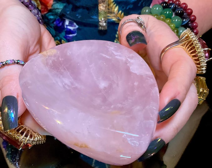 Rose Quartz Crystal Bowl ~ 15 oz. ~ 4" Long ~ Natural Polished Mineral Gemstone Jewelry Dish ~ Altar Display ~ Fast Shipping