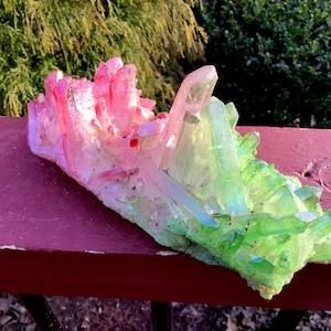 Pink & Green Aura Quartz Crystal Cluster ~ Large 1 Lb. 4 oz. ~ 7&quot; Long ~ Electric Rainbow Iridescent Sparkling Points ~ Fast Free Shipping
