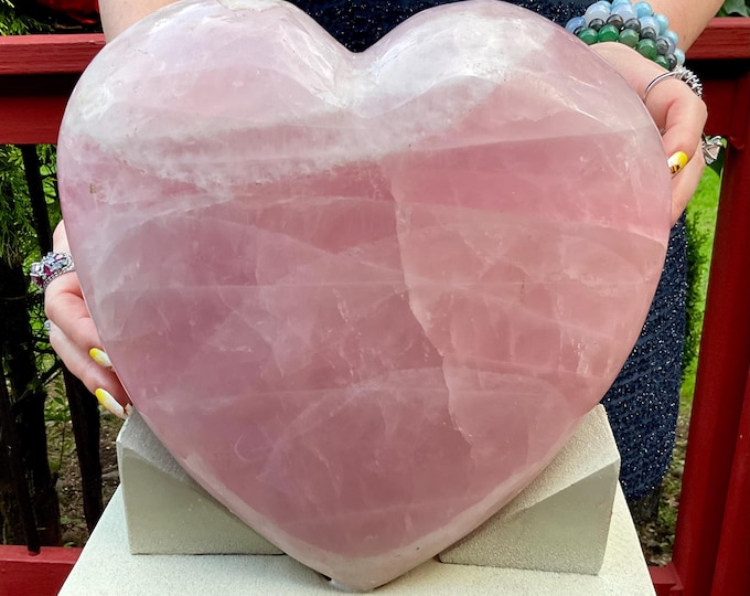 Rose Quartz Crystal Heart ~ with Handmade Wooden Stand ~ Large 21 lb. 13 oz. ~ 9" Wide ~ Feng Shui Decor, Love Altar ~ Fast & Free Shipping