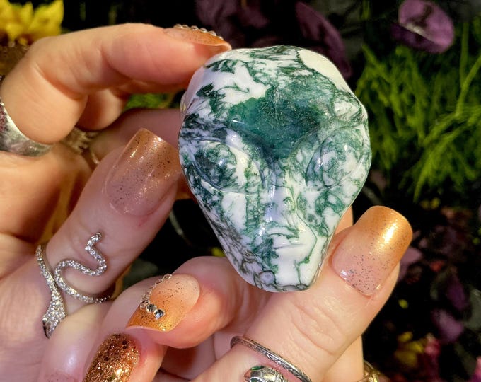Moss Agate Crystal Mini Skull ~ 5 oz. ~ 2" Long ~ Swirling Green & White Colors ~ Expertly Hand-Carved Display Sculpture ~ Fast Shipping USA