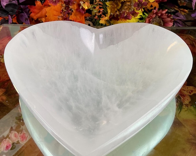 Selenite Heart Shaped Crystal Jewelry Dish ~ Large 3 Lb. 6 oz. - 8" Wide ~ Transparent White Mineral ~ Swirling Pearlescent Patterns