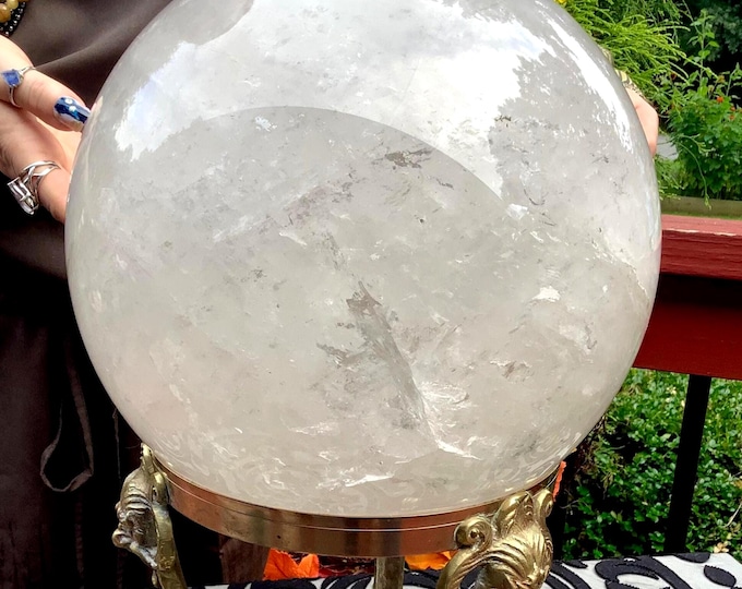Clear Quartz Crystal Ball ~ Massive 55 Lb. Polished Sphere with Antique Brass Lion Display Stand ~ 10" Wide ~ Stunning Elegant Show Piece